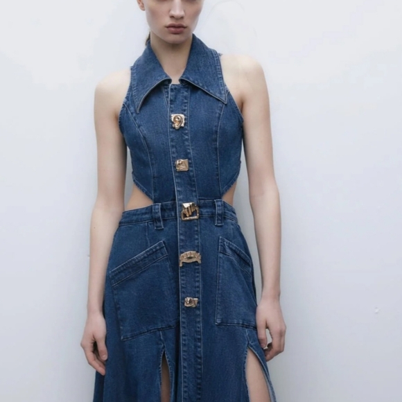 Cut Out Stretchy Sleeveless Maxi Denim Dresses - Picture 3 of 6
